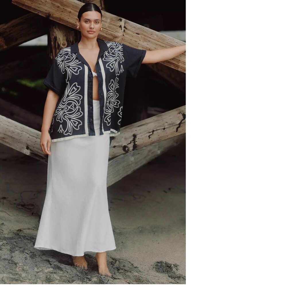 Anthropologie The Brenna Short-Sleeve Buttondown Shirt Linen Edition M new black - Picture 6 of 6